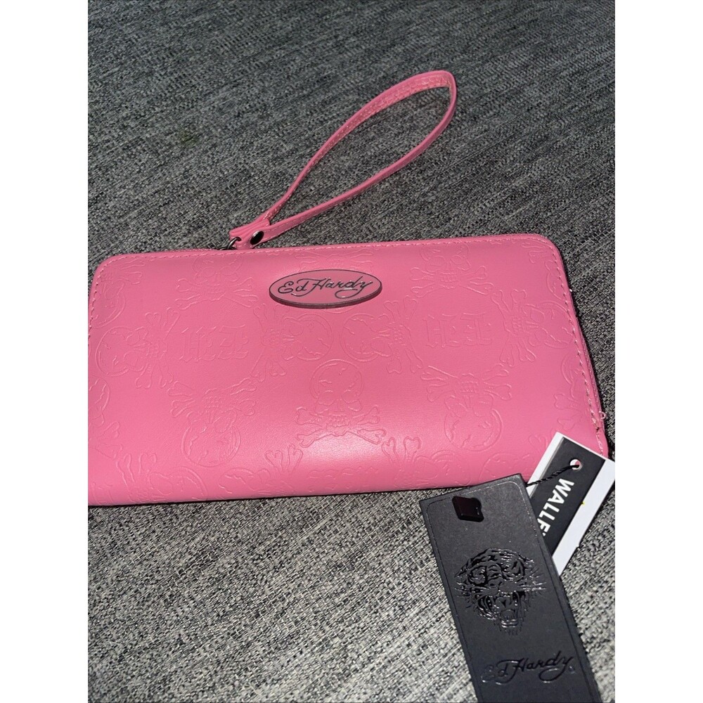 Ed Hardy Pink Solid Zip-Around Wristlet Wallet w/ Logo, Wrist Strap 8x4”